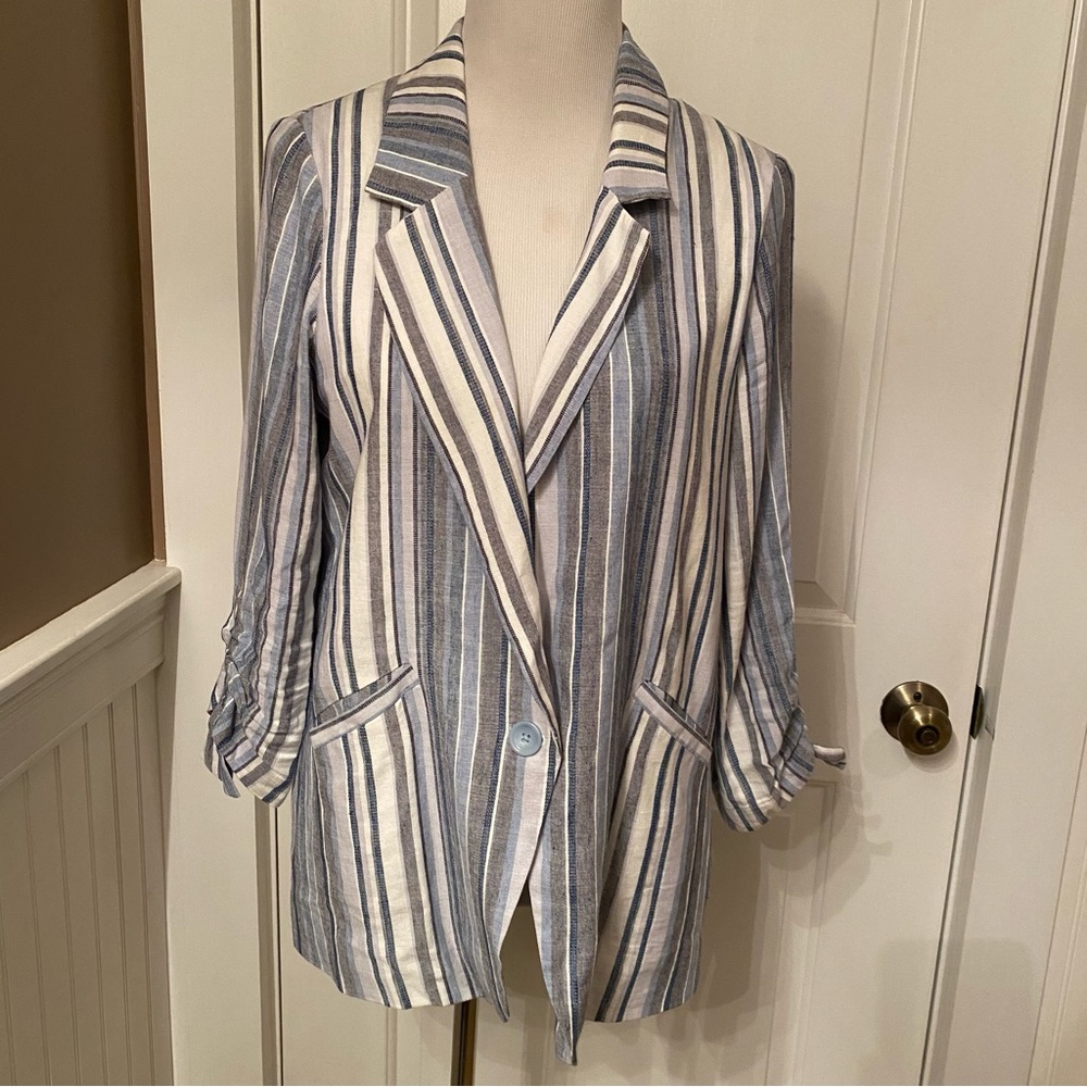 DREW ANTHROPOLOGIE JACKET COAT BLAZER WHITE BLUE GRAY STRIPE POCKETS SIZE M